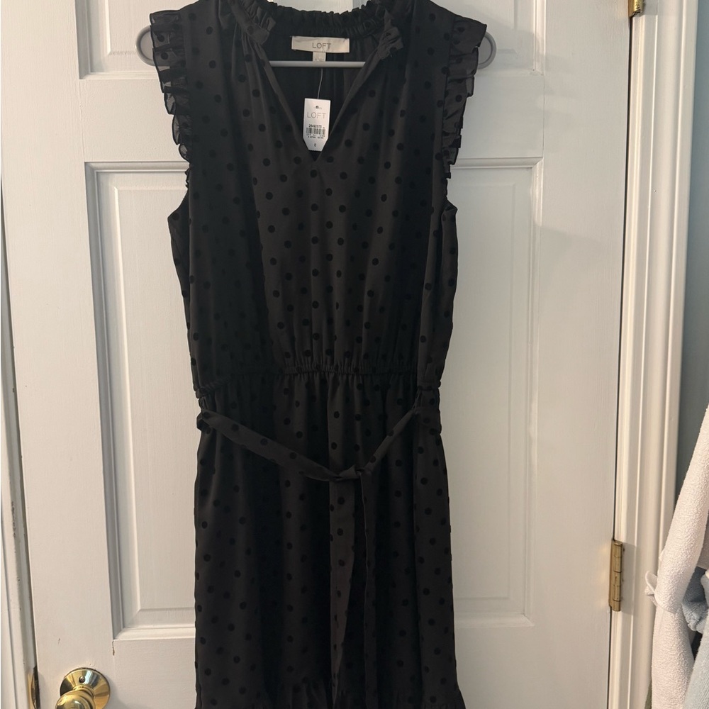 LOFT Black Ruffled Tie Front Midi Dress